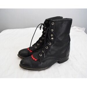 Laredo Packer Boots 8M Black Leather Red Kiltie Lace Up Western Womens USA 130